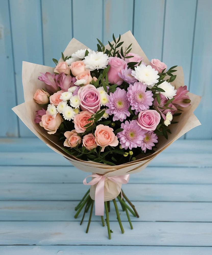 Букет цветов из: Хризантемы, Розы и Альстромерии в Надежде