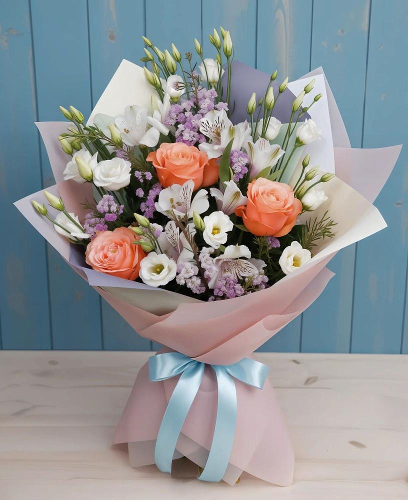 Букет цветов из: Лизиантусы, Розы, Альстромерии и Гипсофила в Надежде