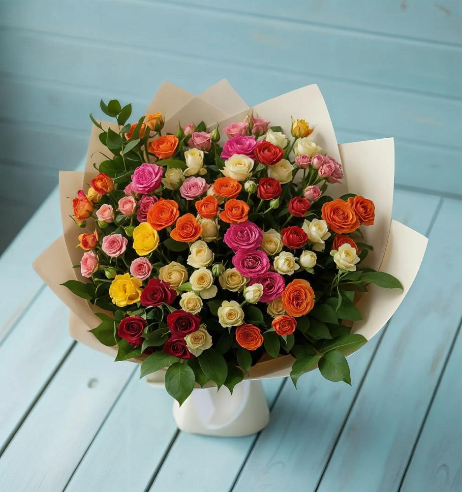 Букет Микс из разноцветных кустовых роз в Надежде