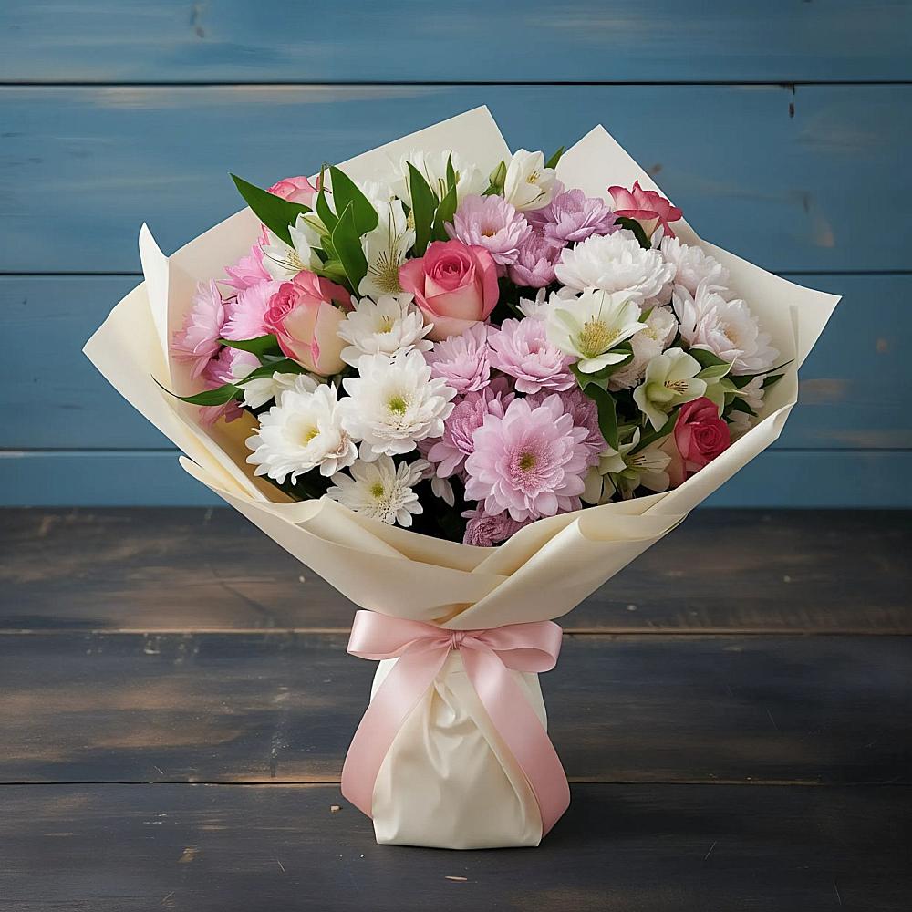 Букет цветов из: Хризантемы, Альстромерии и Розы в Надежде